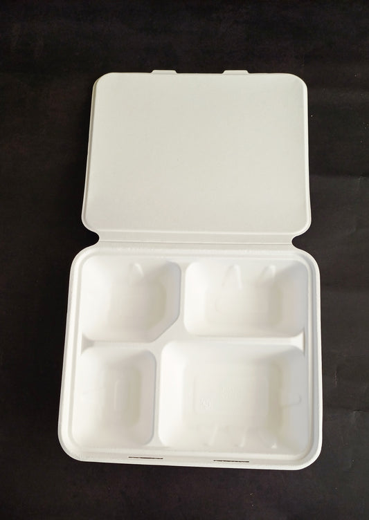 Sugarcane Bagasse 9" x 8" (23x20cm) Take Away Containers With 4 Compartments & Flat Lid (Pack of 50)
